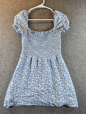 Reformation Women’s M Blue White Floral Smocked Puff Sleeve Mini Dress